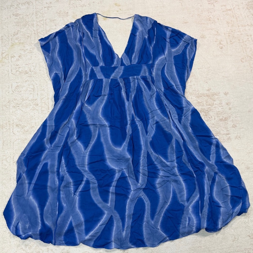 Khush Blue Tie Dye V-Neck Smocked Back Rayon Mini Dress Medium